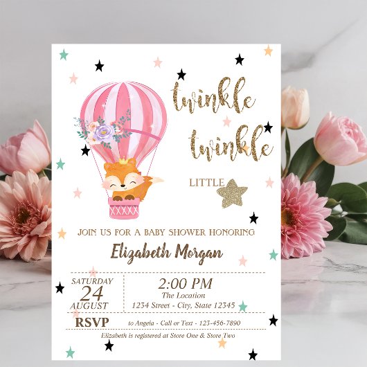 Twinkle Twinkle, Fox Air Ballon Baby shower Kaart