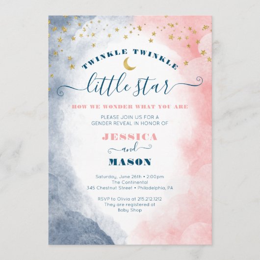 Twinkle Twinkle Gender onthult Navy Blush Invites Programmakaart (Voorkant)