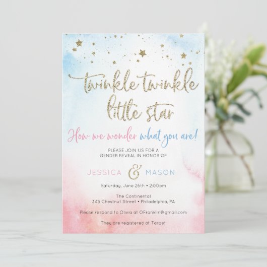 Twinkle Twinkle Gender Reveal Invites Card Programmakaart (Staand voorkant)
