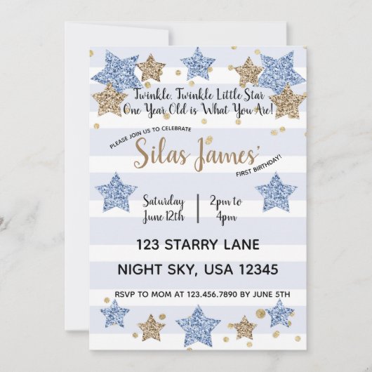 Twinkle Twinkle Little Star 1st Birthday Blue Gold Kaart (Voorkant)