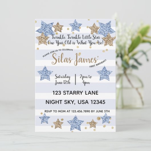Twinkle Twinkle Little Star 1st Birthday Blue Gold Kaart (Staand voorkant)