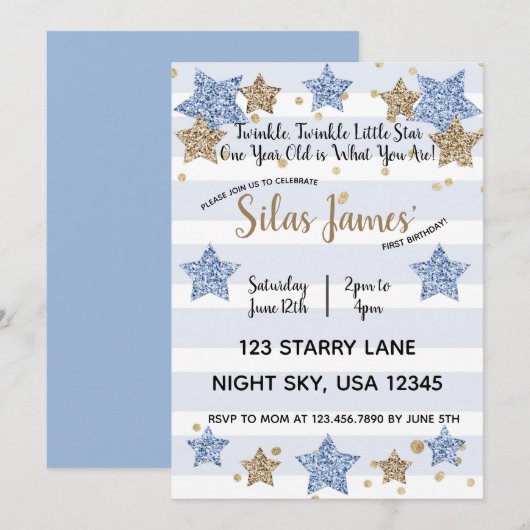 Twinkle Twinkle Little Star 1st Birthday Blue Gold Kaart (Voorkant / Achterkant)