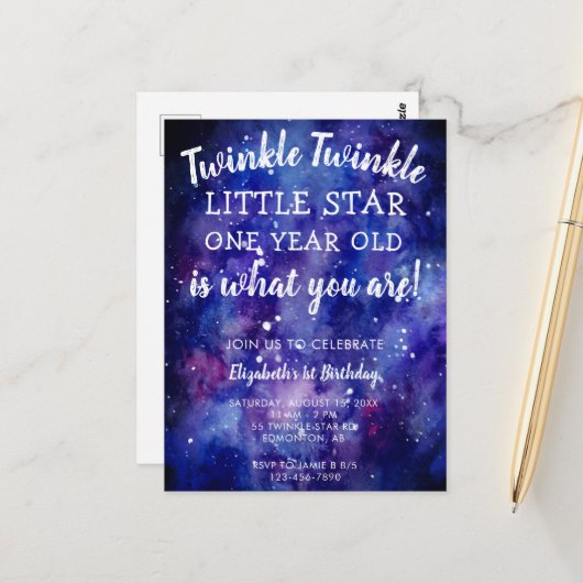 Twinkle Twinkle Little Star 1st Birthday Galaxy Briefkaart (Voorkant / Achterkant in situ)
