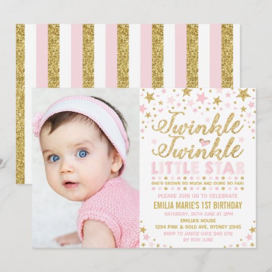 Twinkle Twinkle Little Star 1st Birthday Pink Gold Kaart (Voorkant / Achterkant)
