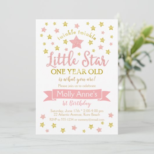 Twinkle Twinkle Little Star 1st Birthday Pink Gold Kaart (Staand voorkant)