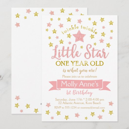 Twinkle Twinkle Little Star 1st Birthday Pink Gold Kaart (Voorkant / Achterkant)