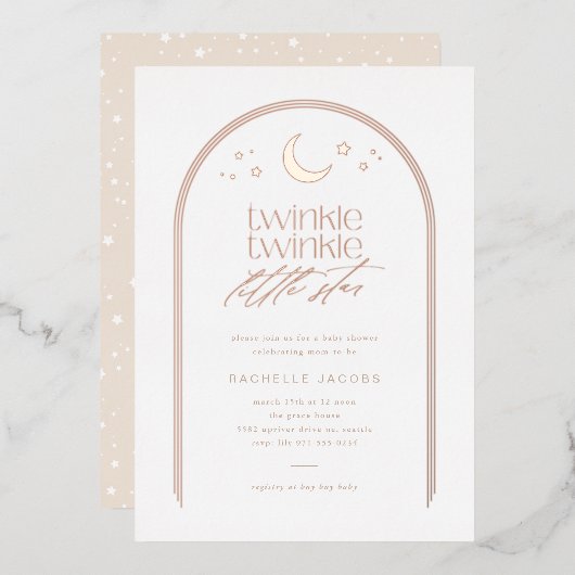 Twinkle Twinkle Little Star Arch Baby shower Roos Folie Uitnodiging (Voorkant / Achterkant)