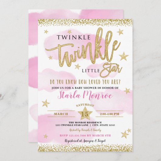 Twinkle Twinkle Little Star Baby Girl Shower Kaart (Voorkant / Achterkant)