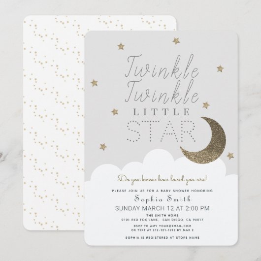 Twinkle Twinkle Little Star Baby Grey Baby shower Kaart (Voorkant / Achterkant)