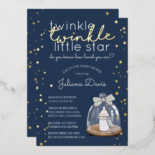 Twinkle Twinkle Little Star Baby shower Folie Uitnodiging (Voorkant / Achterkant)