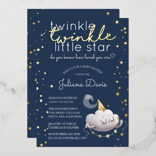 Twinkle Twinkle Little Star Baby shower Folie Uitnodiging (Voorkant / Achterkant)