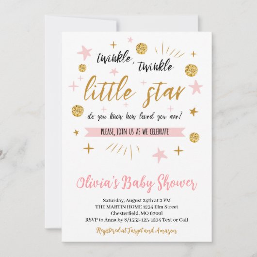 Twinkle Twinkle Little Star Baby Shower, Goud Roze Kaart (Voorkant)