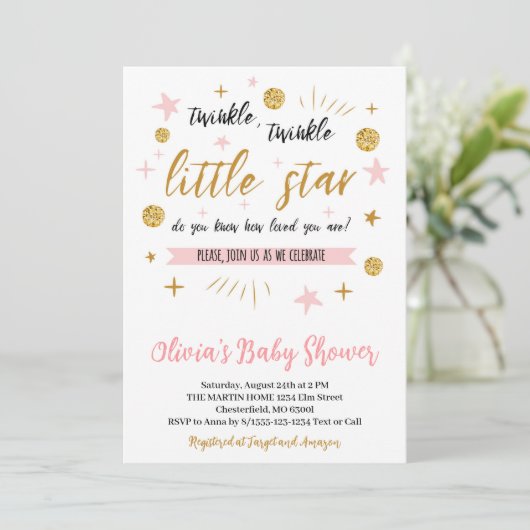 Twinkle Twinkle Little Star Baby Shower, Goud Roze Kaart (Staand voorkant)