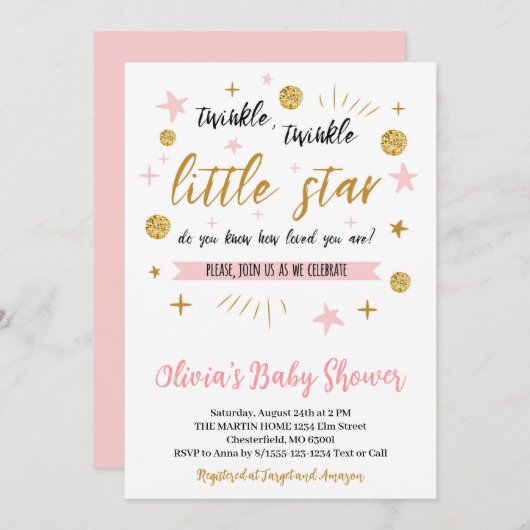Twinkle Twinkle Little Star Baby Shower, Goud Roze Kaart (Voorkant / Achterkant)