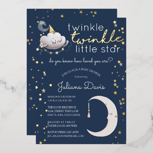 Twinkle Twinkle Little Star Baby shower Invitation Folie Uitnodiging (Voorkant / Achterkant)