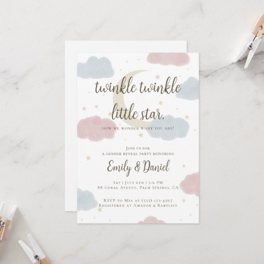 Twinkle Twinkle Little Star Baby shower Invitation Kaart (Voorkant / Achterkant in situ)