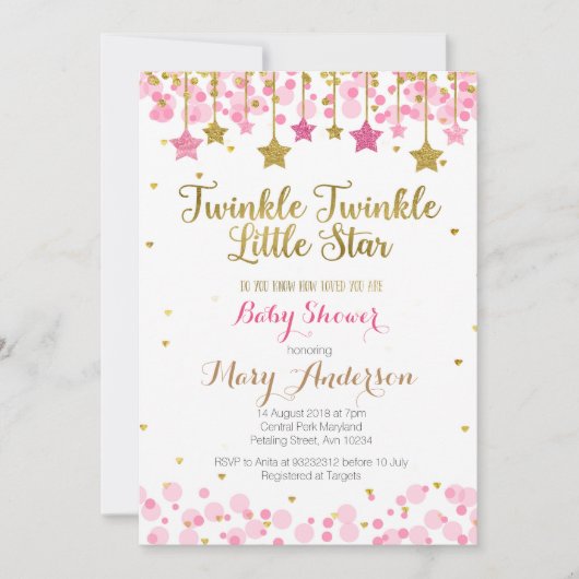 Twinkle Twinkle Little Star Baby shower Invite Gir Kaart (Voorkant)