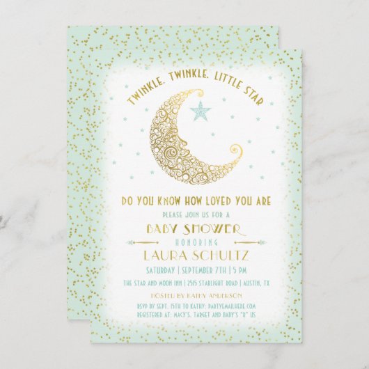 Twinkle Twinkle Little Star Baby shower Mint Gold Kaart (Voorkant / Achterkant)