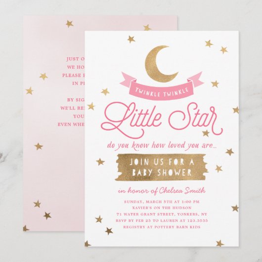 Twinkle Twinkle Little Star | Baby Shower | Roze Kaart (Voorkant / Achterkant)