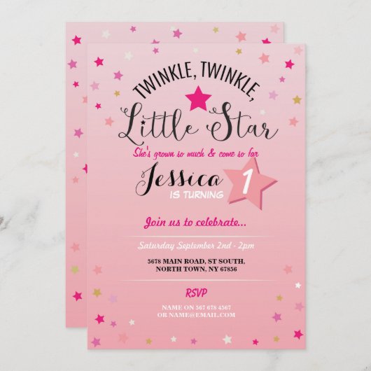 Twinkle Twinkle Little Star Birthday Party Invite Kaart (Voorkant / Achterkant)