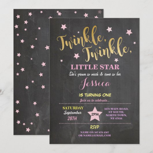 Twinkle Twinkle Little Star Birthday Party Invite Kaart (Voorkant / Achterkant)
