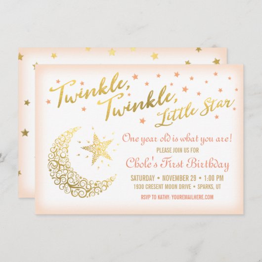 Twinkle, Twinkle, Little Star Birthday Party koraa Kaart (Voorkant / Achterkant)