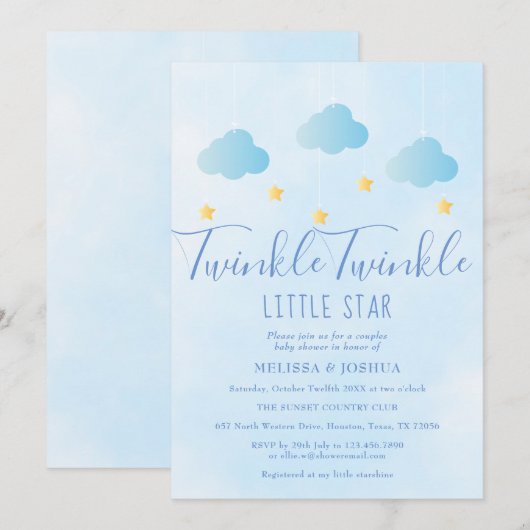 Twinkle Twinkle Little Star Blauwe Baby Shower Voo Kaart (Voorkant / Achterkant)