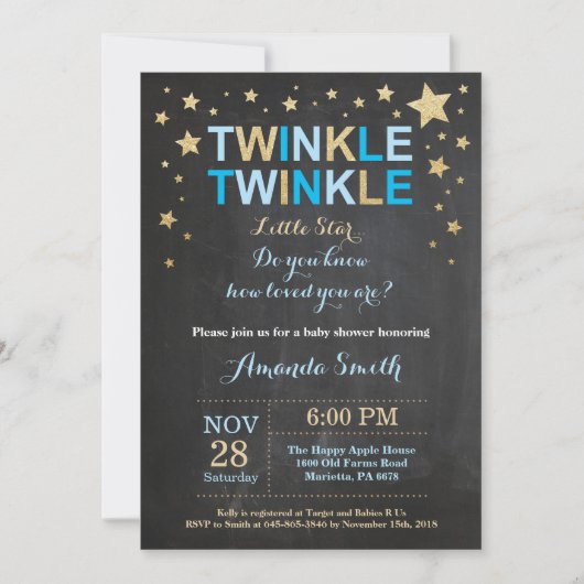 Twinkle Twinkle Little Star Blue Gold Baby shower Kaart (Voorkant)