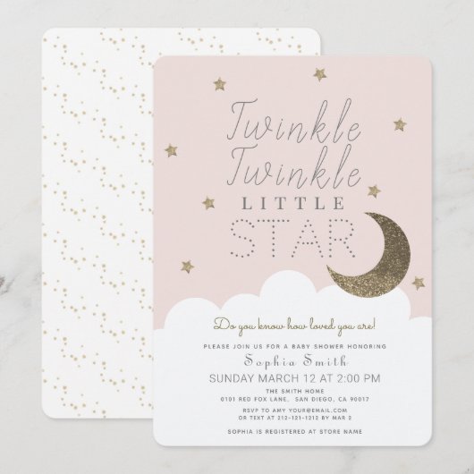 Twinkle Twinkle Little Star Blush Pink Baby shower Kaart (Voorkant / Achterkant)