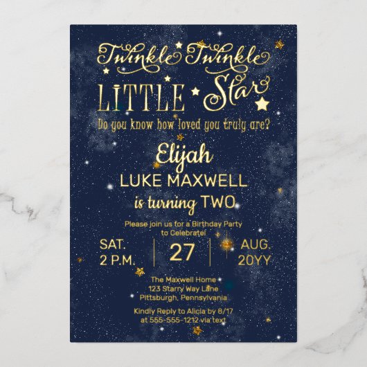 Twinkle Twinkle Little Star Boy 2nd Birthday Party Folie Uitnodiging (Voorkant)