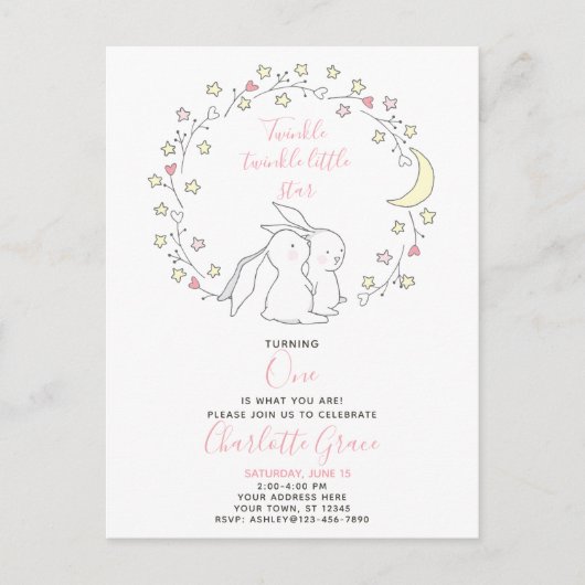 Twinkle Twinkle Little Star Bunny 1st Birthday Uitnodiging Briefkaart (Voorkant)