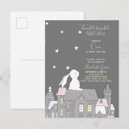 Twinkle Twinkle Little Star Bunny 1st Birthday Uitnodiging Briefkaart (Voorkant / Achterkant)