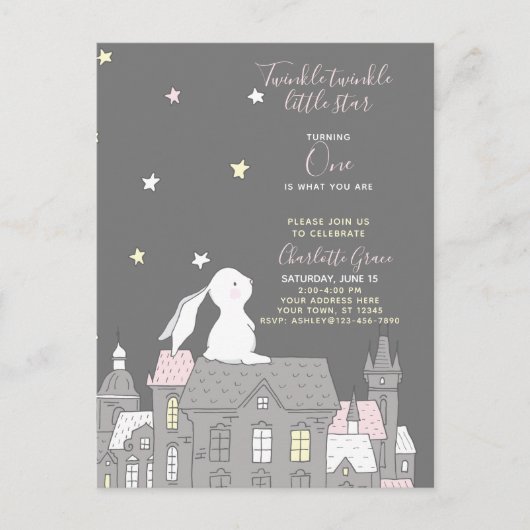 Twinkle Twinkle Little Star Bunny 1st Birthday Uitnodiging Briefkaart (Voorkant)