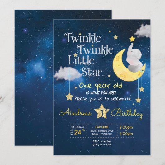 Twinkle Twinkle Little star Eerste verjaardag Invi Kaart (Voorkant / Achterkant)
