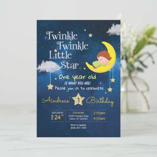 Twinkle Twinkle Little star Eerste verjaardag Invi Kaart (Staand voorkant)