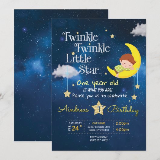 Twinkle Twinkle Little star Eerste verjaardag Invi Kaart (Voorkant / Achterkant)