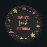 Twinkle Twinkle Little Star First Birthday Pink Papieren Bordje<br><div class="desc">Dit schattige en elegante "kleine ster" bord voor de eerste verjaardag van de twinkeling heeft een zwarte achtergrond met faux gouden en roze glittersterren en wolken.</div>