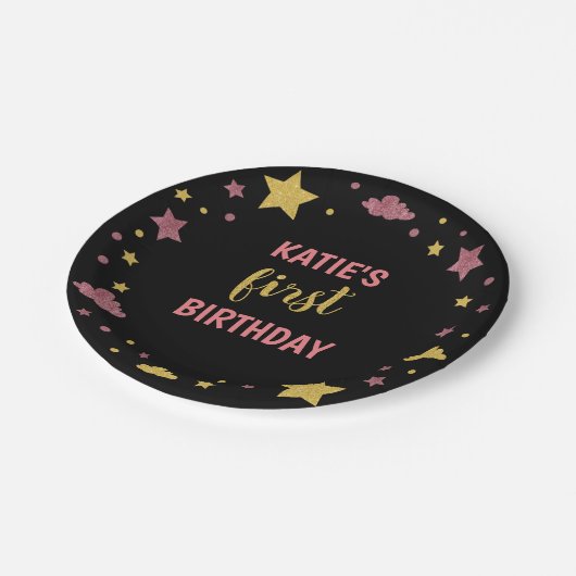 Twinkle Twinkle Little Star First Birthday Pink Papieren Bordje (Gekanteld)