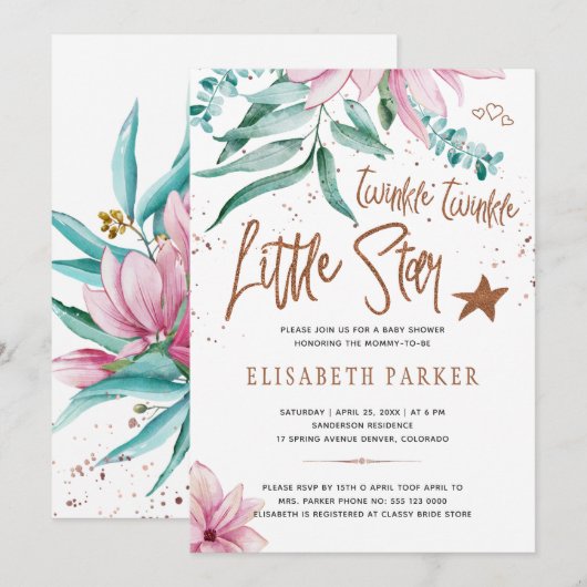 Twinkle twinkle little star floral baby shower kaart (Voorkant / Achterkant)