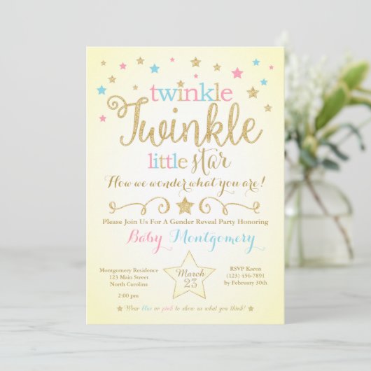 Twinkle Twinkle Little Star Gender onthult Invite Kaart (Staand voorkant)