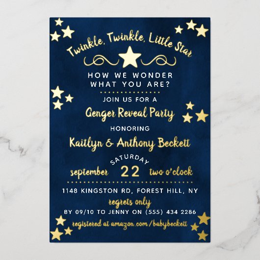 Twinkle Twinkle Little Star Gender Reopenbaart zic Folie Uitnodiging (Voorkant)