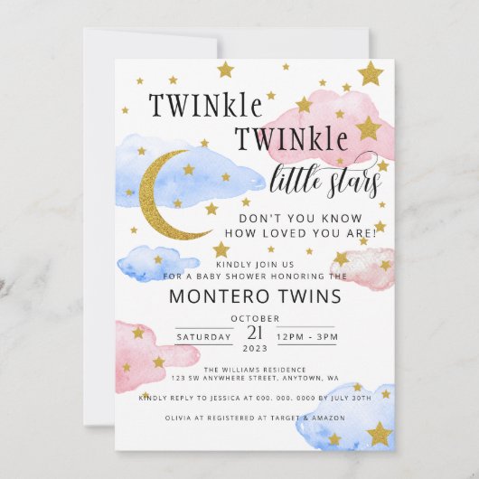 TWINkle TWINkle Little Star Gender Reveal Party Kaart (Voorkant)