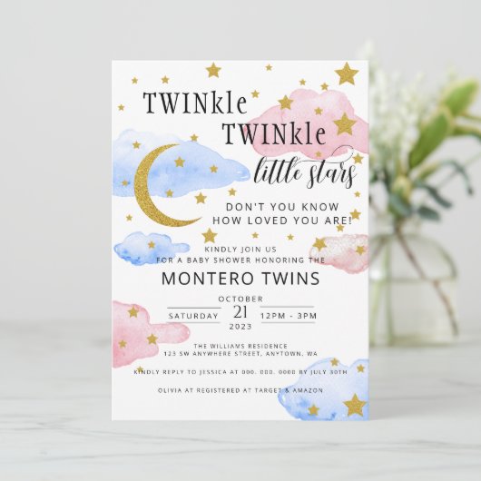 TWINkle TWINkle Little Star Gender Reveal Party Kaart (Staand voorkant)