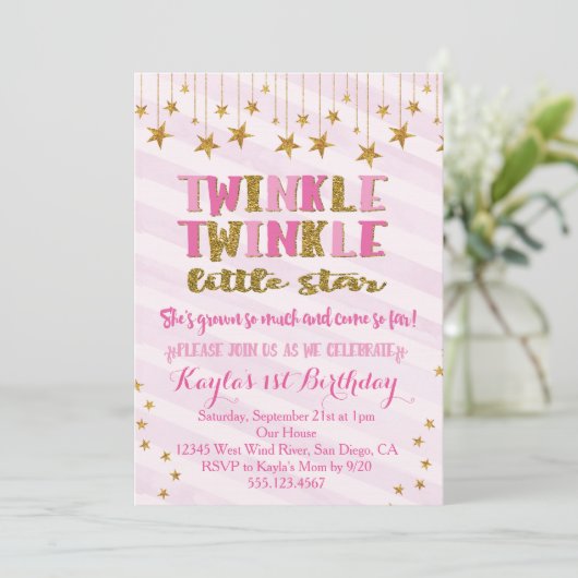 Twinkle Twinkle Little Star Invitation Roze Kaart (Staand voorkant)