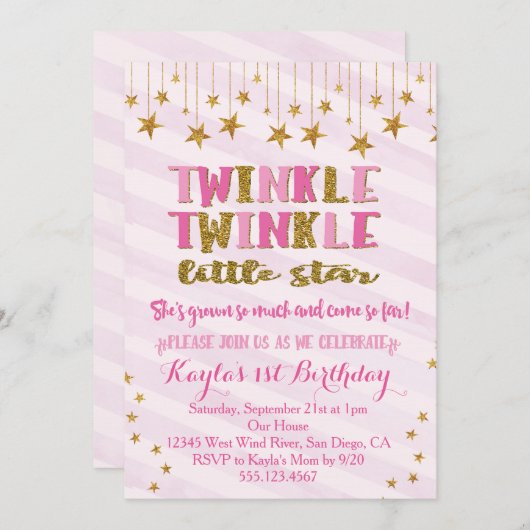 Twinkle Twinkle Little Star Invitation Roze Kaart (Voorkant / Achterkant)