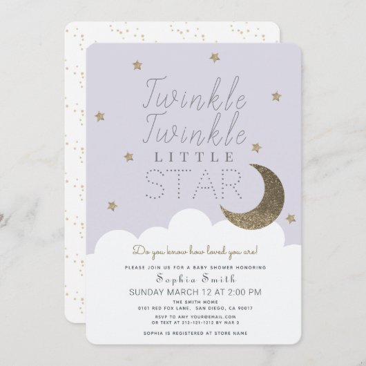 Twinkle Twinkle Little Star Lila Baby shower Kaart (Voorkant / Achterkant)