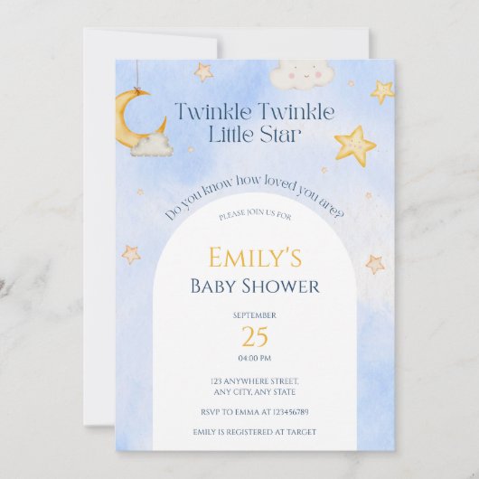 Twinkle Twinkle Little Star Moon Cloud Baby shower Kaart (Voorkant)