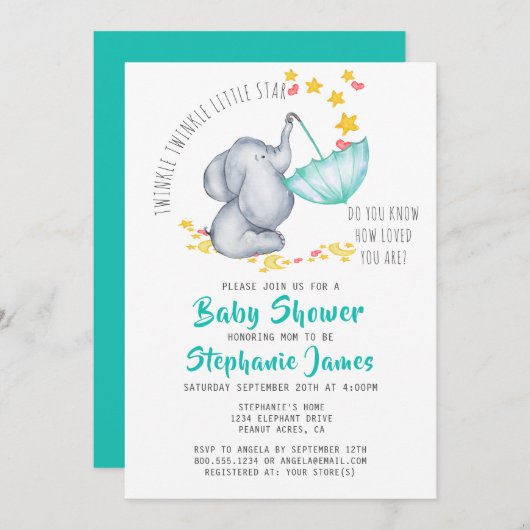 Twinkle Twinkle Little Star Olifant Baby shower Kaart (Voorkant / Achterkant)