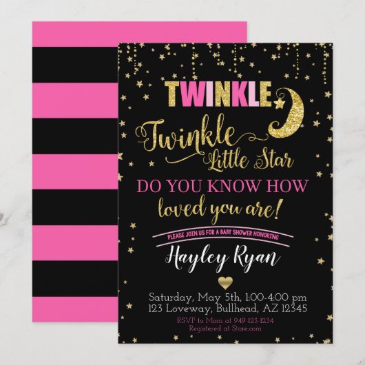 Twinkle Twinkle Little Star Pink Black Baby shower Kaart (Voorkant / Achterkant)