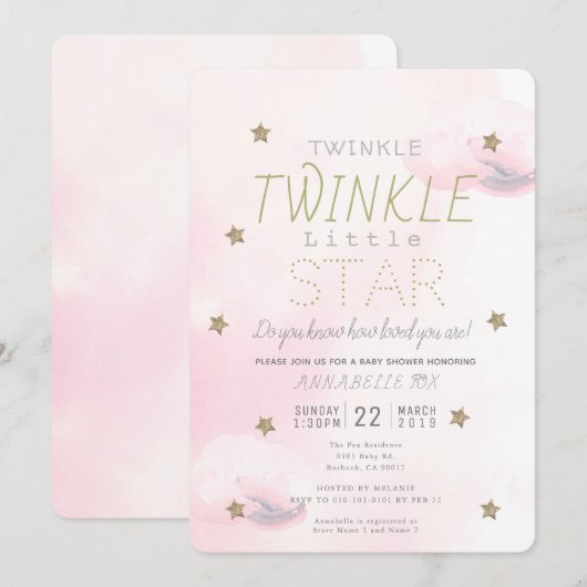 Twinkle Twinkle Little Star Pink Girl Baby shower Kaart (Voorkant / Achterkant)